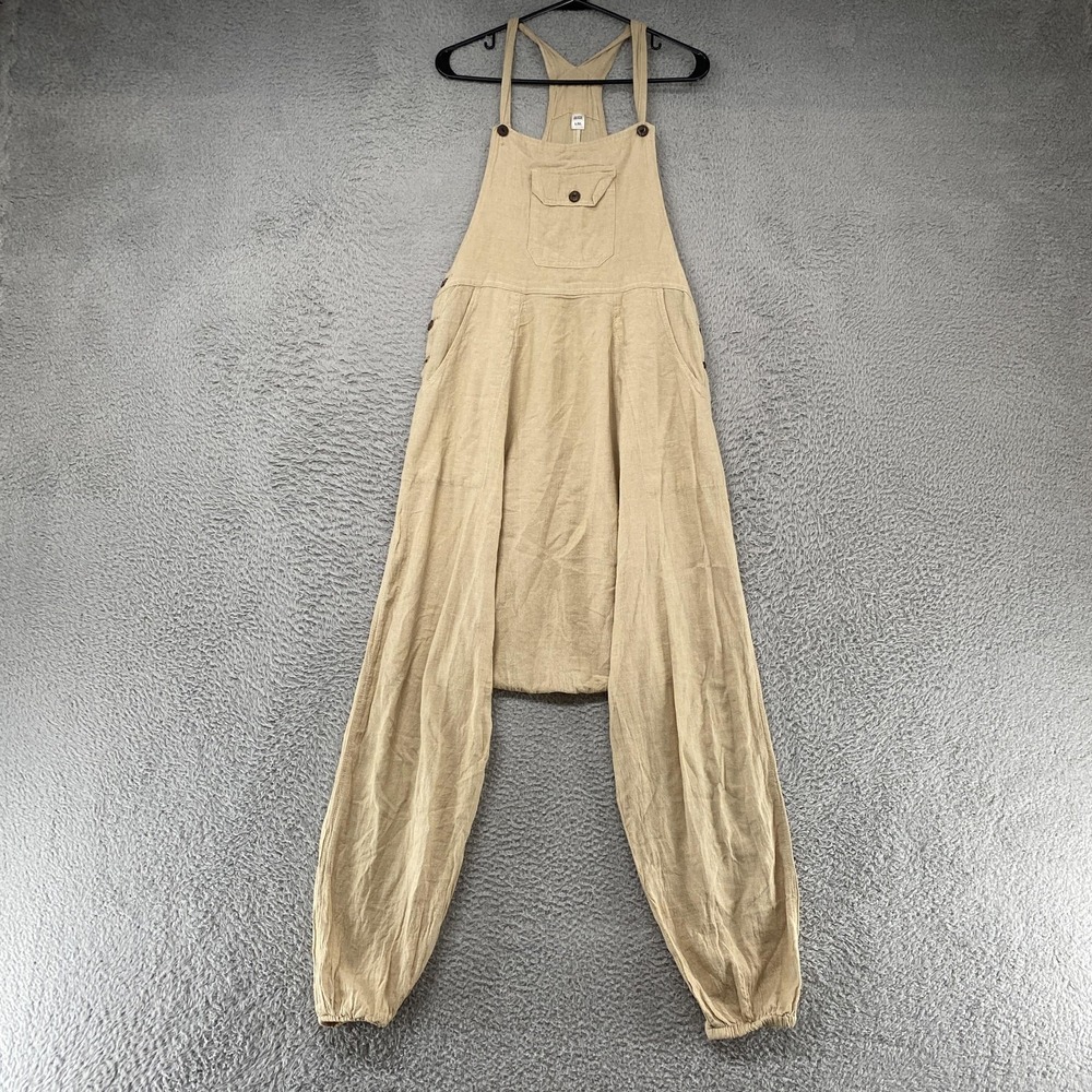 Boho Harem Overalls Jumpsuit Womens L/XL Beige Cotton Drop Crotch Loose Baggy - Picture 2 of 13